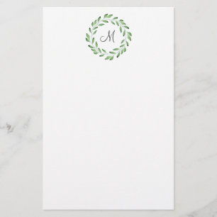 Green Watercolor Leaf Branches Wreath Stationery