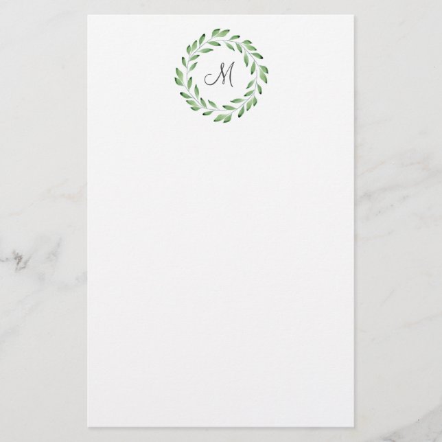 Green Watercolor Leaf Branches Wreath Stationery (Front)