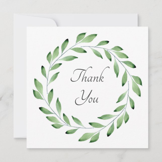 Green Watercolor Leaf Branches Wreath Thank You Card (Front)