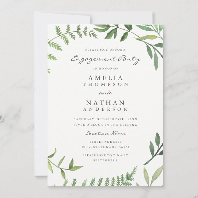 Green Watercolor Leaf Engagement Party Invitation (Front)