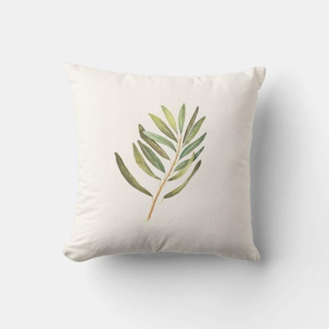 Green Watercolor Leaf Throw Pillow (Front)