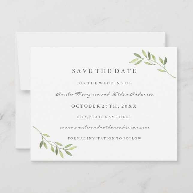 Green Watercolor Leaf Wedding Save The Date (Front)
