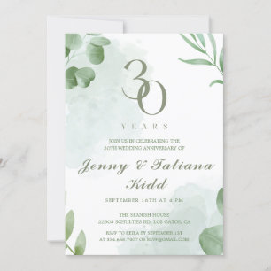 Green Watercolor Leaves 30th Wedding Anniversary Invitation