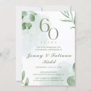 Green Watercolor Leaves 60th Wedding Anniversary Invitation
