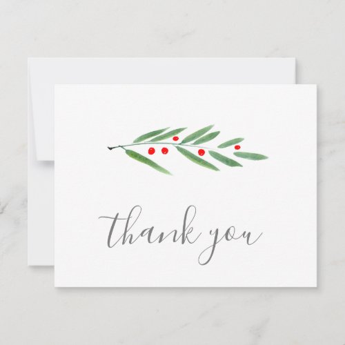 Green Watercolor Leaves and Berries Thank You Card