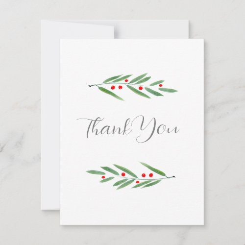 Green Watercolor Leaves and Berries   Thank You Card