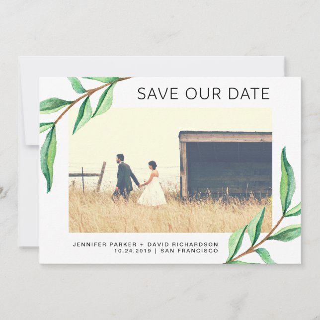 Green Watercolor Leaves and Photo | Save the Date (Front)