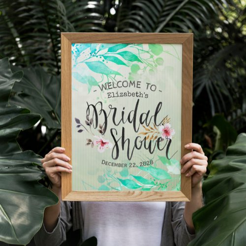 Green Watercolor Leaves Chic Bridal Shower Welcome Poster