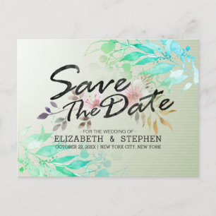 Green Watercolor Leaves Chic Wedding Save The Date Postcard