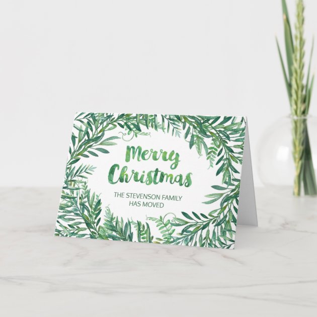 Green Watercolor Leaves Christmas New Address Holiday Invitation