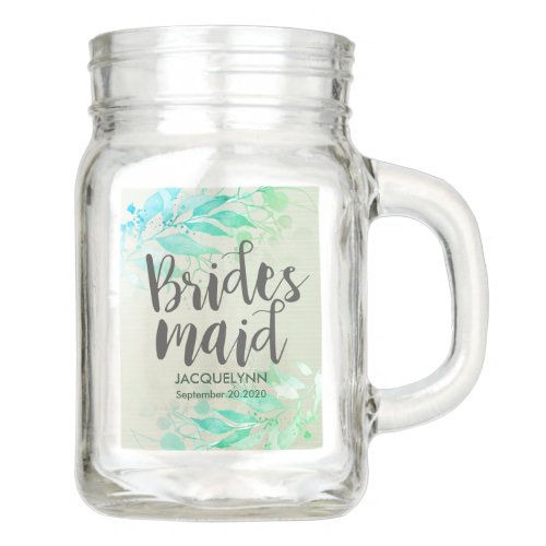 Green Watercolor Leaves Elegant Wedding Bridesmaid Mason Jar