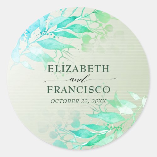 Green Watercolor Leaves Flowers Botanical Wedding Classic Round Sticker