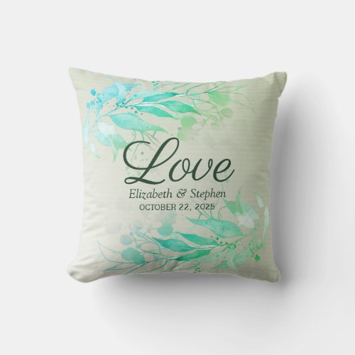 Green Watercolor Leaves Flowers Botanical Wedding Throw Pillow