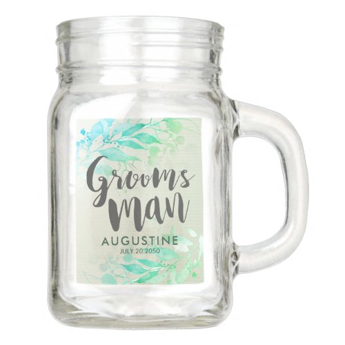 Green Watercolor Leaves Flowers Wedding Groomsman Mason Jar