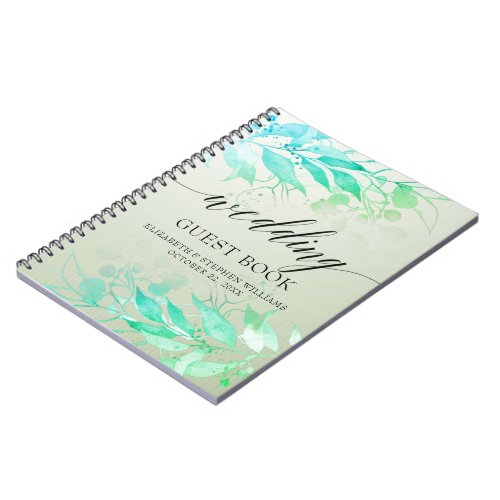 Green Watercolor Leaves Flowers Wedding Guestbook Notebook