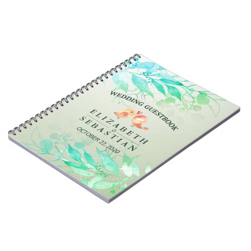 Green Watercolor Leaves Flowers Wedding Guestbook Notebook