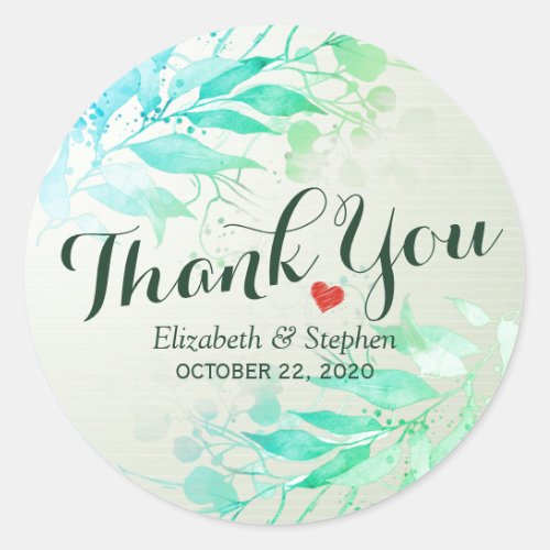 Green Watercolor Leaves Flowers Wedding Thank You Classic Round Sticker
