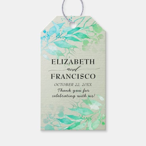 Green Watercolor Leaves Flowers Wedding Thank You Gift Tags