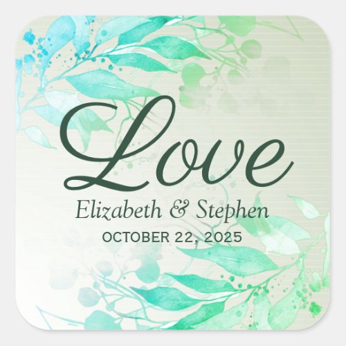 Green Watercolor Leaves Flowers Wedding Thank You Square Sticker