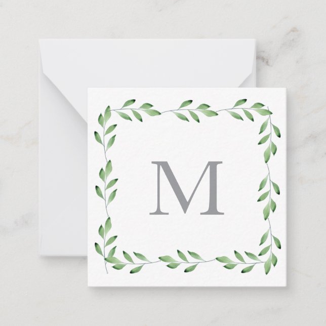 Green Watercolor Leaves Frame Note Card (Front)