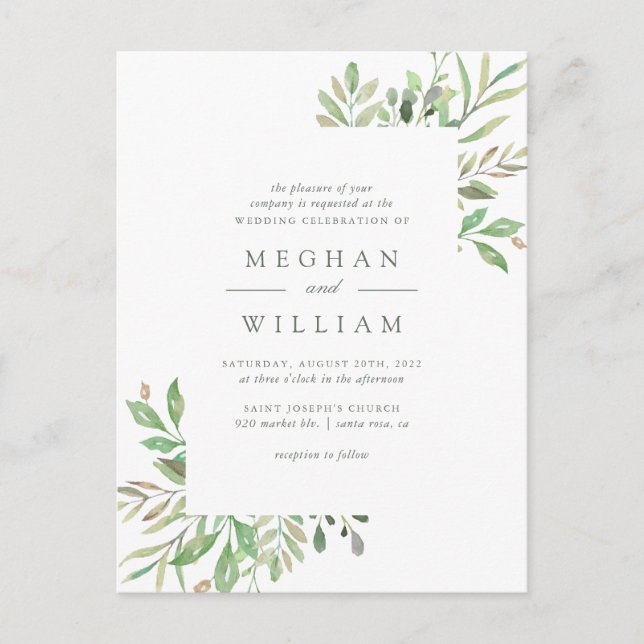 Green Watercolor Leaves & Greenery Wedding Invitation Postcard (Front)
