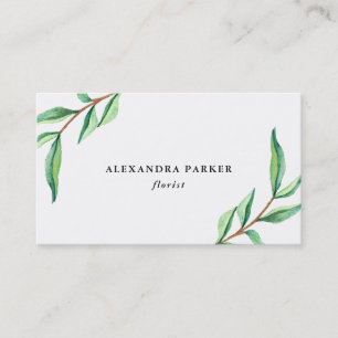 Green Watercolor Leaves on White Business Card