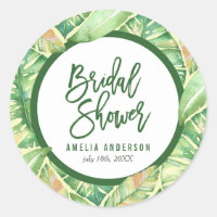 Green Watercolor Leaves Tropical Bridal Shower Classic Round Sticker