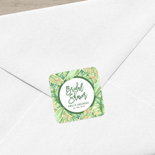 Green Watercolor Leaves Tropical Bridal Shower Square Sticker