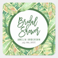 Green Watercolor Leaves Tropical Bridal Shower Square Sticker