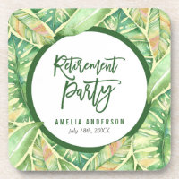 Green Watercolor Leaves Tropical Retirement Party Beverage Coaster