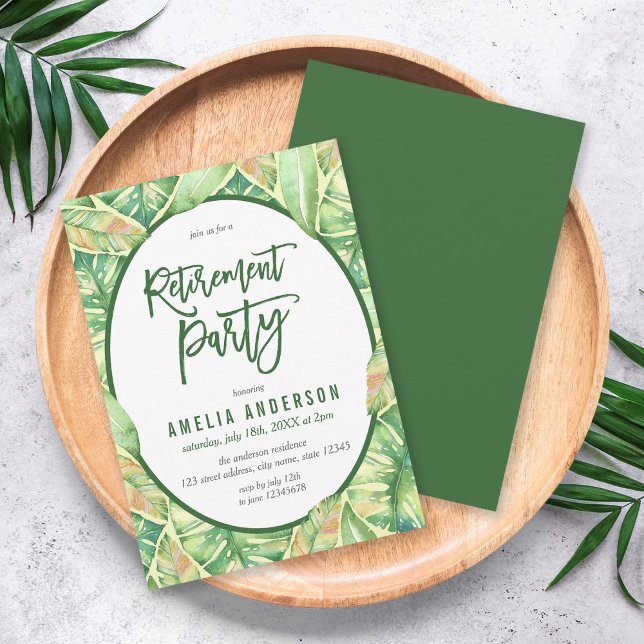 Green Watercolor Leaves Tropical Retirement Party Invitation (Creator Uploaded)