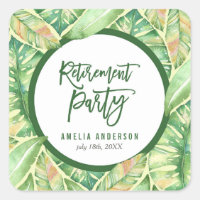 Green Watercolor Leaves Tropical Retirement Party Square Sticker