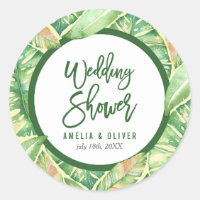 Green Watercolor Leaves Tropical Wedding Shower Classic Round Sticker