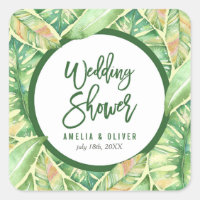 Green Watercolor Leaves Tropical Wedding Shower Square Sticker