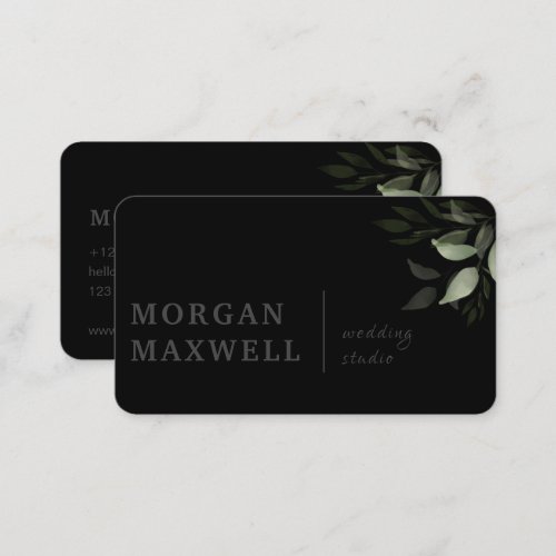 Green Watercolor Leaves Wedding Black Business Card