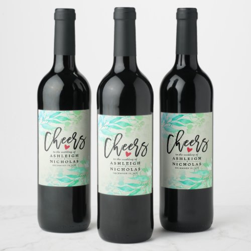 Green Watercolor Leaves Wedding Cheers to Love Wine Label