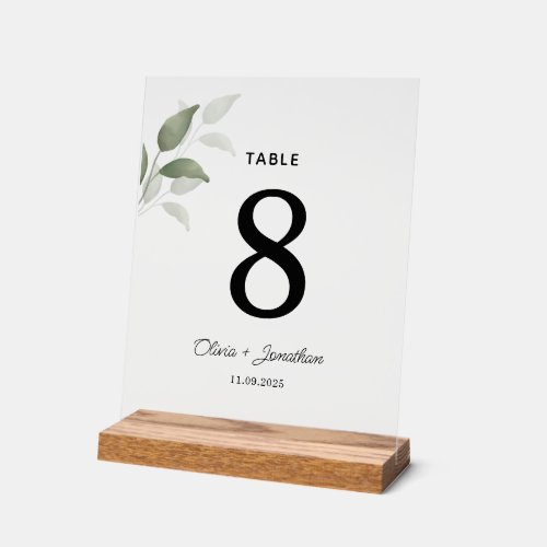 Green Watercolor Leaves Wedding Table Place Card Acrylic Sign