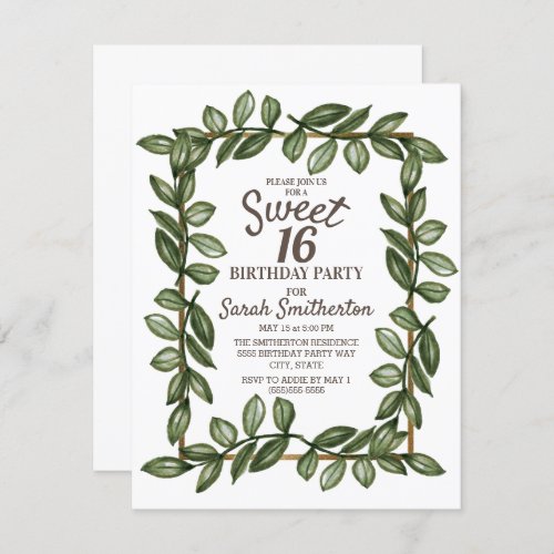 Green Watercolor Leaves White Gold Sweet 16 Invitation