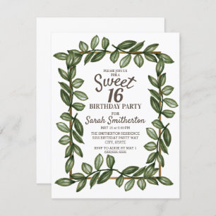 Green Watercolor Leaves White Gold Sweet 16 Invitation