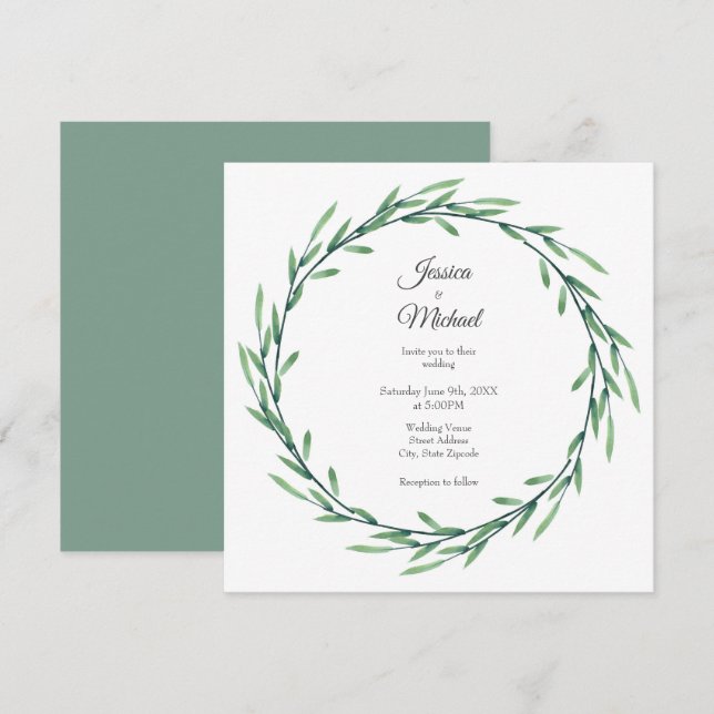 Green Watercolor Leaves Wreath Invitation (Front/Back)