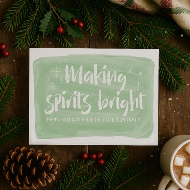 Green Watercolor Making Spirits Bright Holiday Card (Green Watercolor Making Spirits Bright Holiday Card)