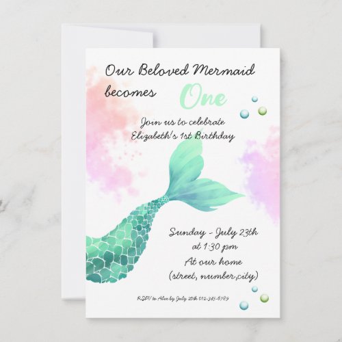 Green Watercolor Mermaid tail  Invitation
