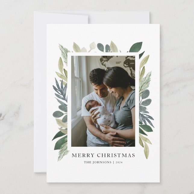 Green Watercolor Merry Christmas Photo Card (Front)