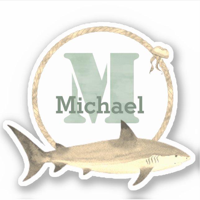 Green Watercolor Monogram, Name and Sepia Shark Sticker (Front)