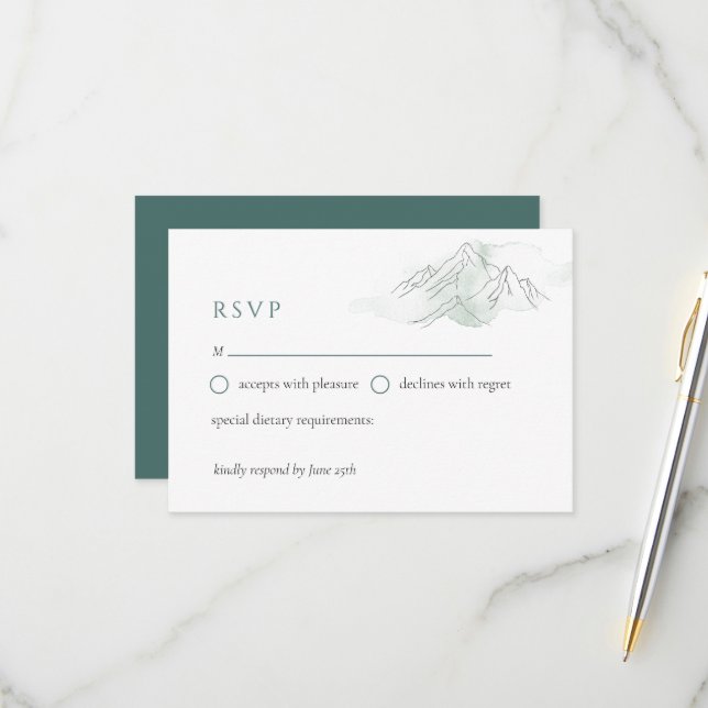 Green Watercolor Mountain Elegant Nature Wedding  RSVP Card (Front/Back In Situ)