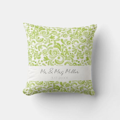 Green Watercolor MrMrs NAME Wedding DATE Elegant Throw Pillow