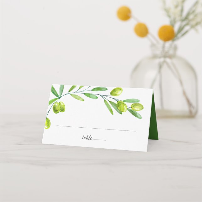 Green Watercolor Olive Branch Initials Date Place Card (Front)