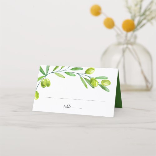 Green Watercolor Olive Branch Initials Date Place Card