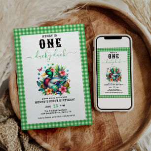 green Watercolor One Lucky Duck Boy 1st Birthday Invitation