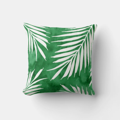 Green Watercolor Palm Fronds Silhouette Throw Pillow